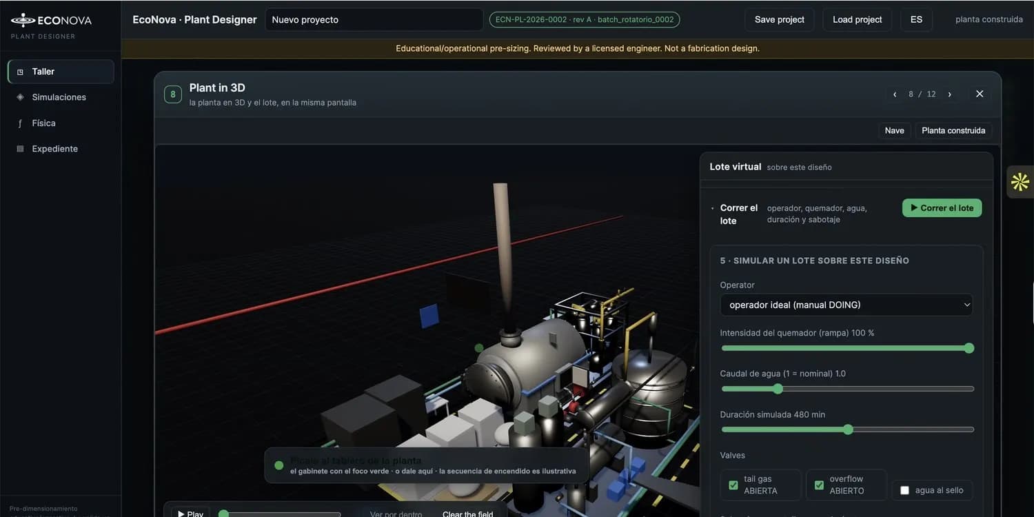 Plant in 3D · a virtual batch running on the design