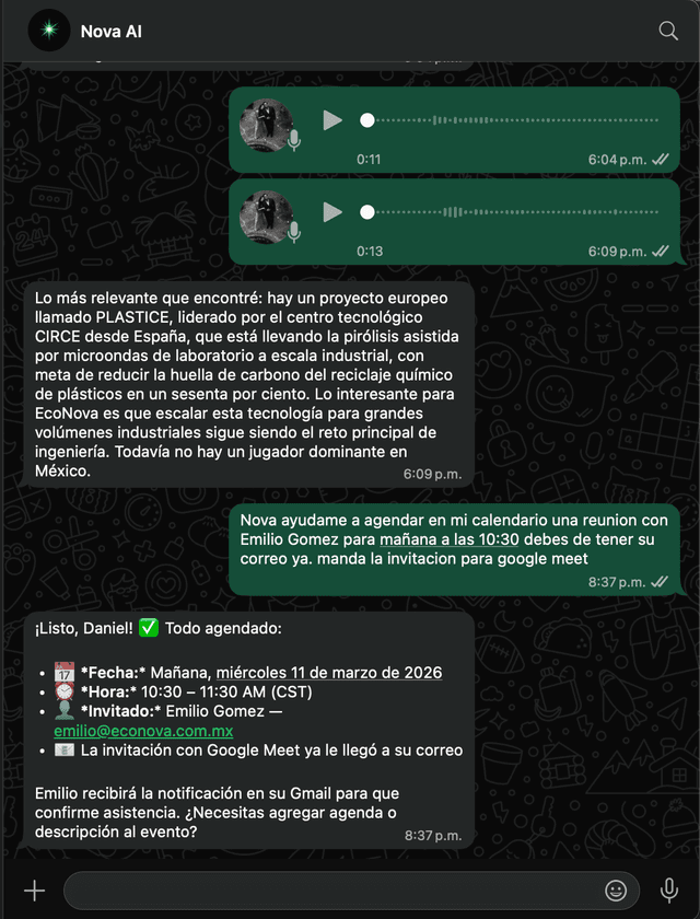 Nova AI — agendar reunión e investigar por WhatsApp
